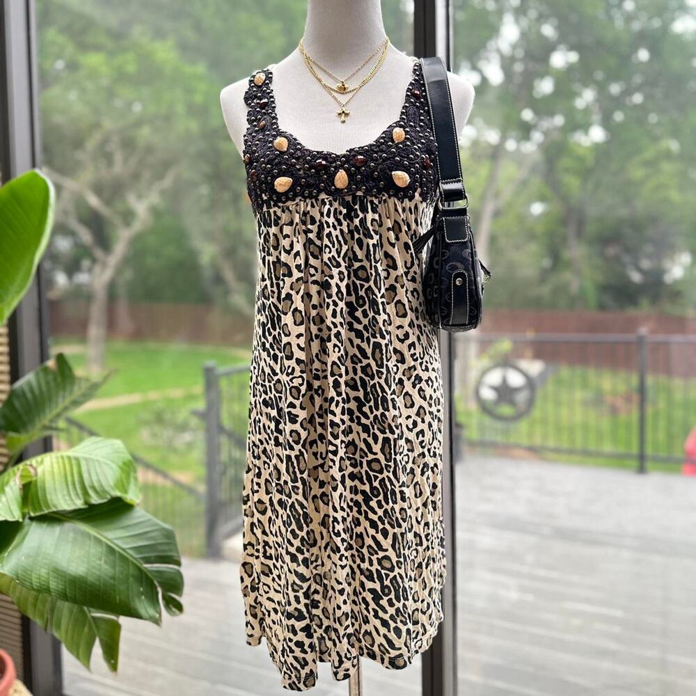 Vintage Leopard Print Beaded Dress Y2K Boho